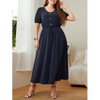 

Plus Size Jacquard Drawstring Chiffon Dress Mock Button A Line Casual Dress, Deep blue