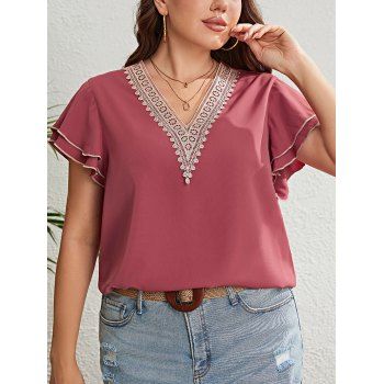 

Plus Size Lace Panel Patchwork Ruffles Blouse V Neck Flutter Sleeve Casual Top, Red