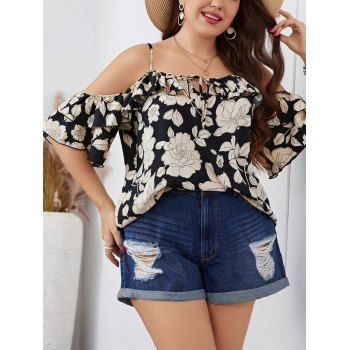 

Plus Size Flower Allover Print Cold Shoulder Ruffles Sleeve Top Adjustable Strap Tie Blouse, Black