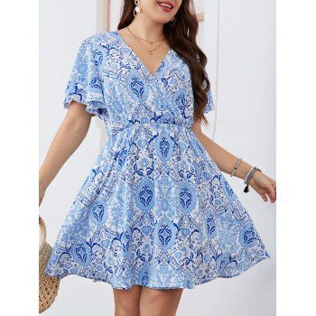 

Plus Size Ethnic Allover Print Mini Dress Flutter Sleeve A Line Casual Dress, Light blue