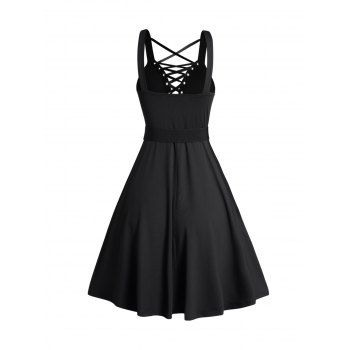 Gothic Dress Lace Up Buckle Strap Crisscross Plunging Neck High Waisted A Line Mini Dress 