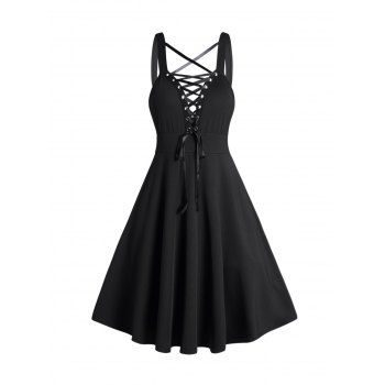 Gothic Dress Lace Up Buckle Strap Crisscross Plunging Neck High Waisted A Line Mini Dress 