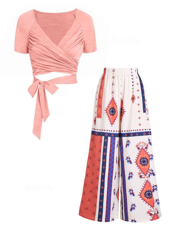 Ensemble de T-shirt Court Croisé à Col en V et Pantalon Bohémien à Jambes Larges - multicolor S