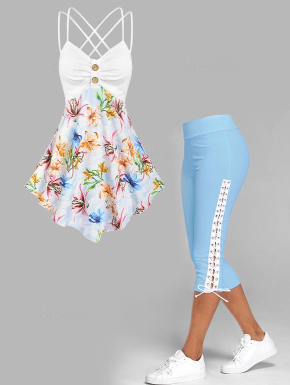 Ensemble de Débardeur Caraco à Imprimé Fleur à Bretelle Croisée Au Dos et Legging Capri à Lacets - multicolor S