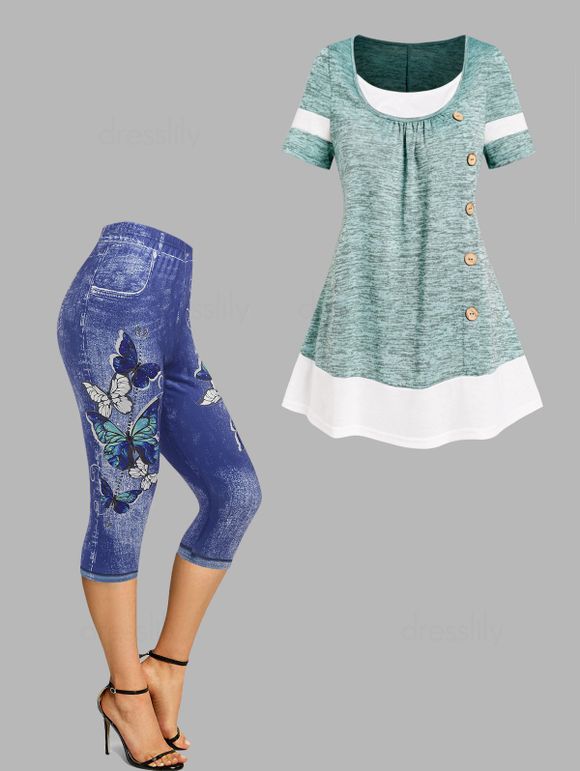 Ensemble de Legging Capri et T-shirt Chiné Faux Bouton de Faux Deux Pièces - multicolor S