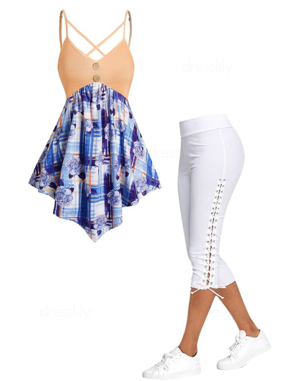 Ensemble de Débardeur Décontracté Asymétrique Boutonné à Imprimé Fleur à Carreaux Faux Bouton et Legging Court à Lacets - multicolor S