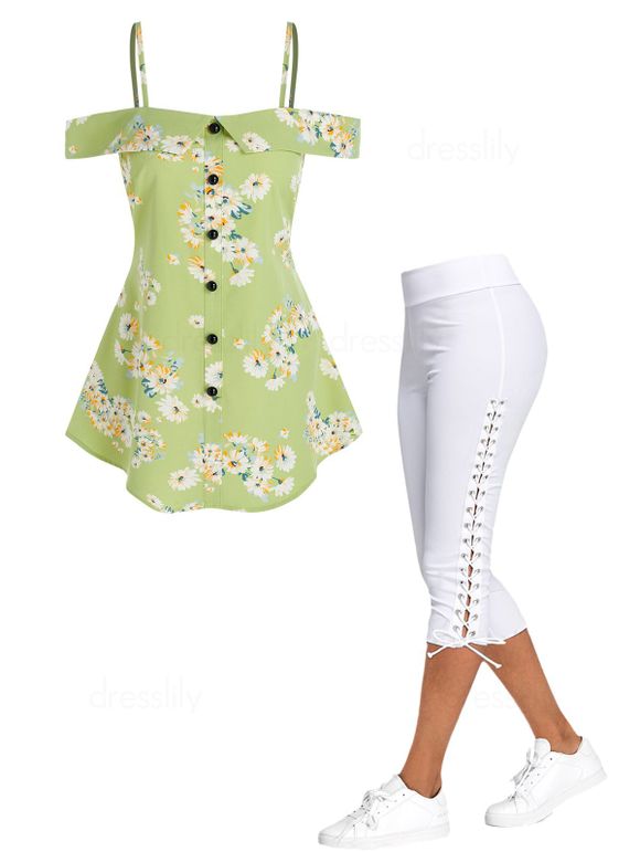 Ensemble de Legging Décontracté Long à Lacets et Blouse à Imprimé Fleur à Epaule Dénudée à Bretelle Fine - multicolor S