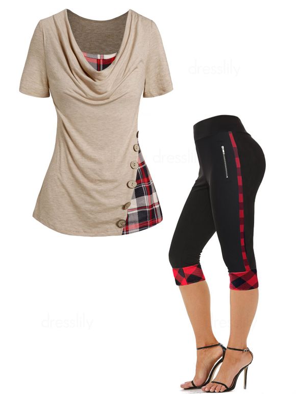 Ensemble de T-shirt Court Décontracté Zippé Chiné Panneau à Imprimé Carreaux et Legging Capri Zippé - multicolor S