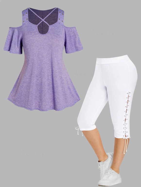 Plus Size Heather Crisscross Cut Out Grommet T Shirt And Lace Up Eyelet Capri Leggings Casual Outfit - multicolor A L