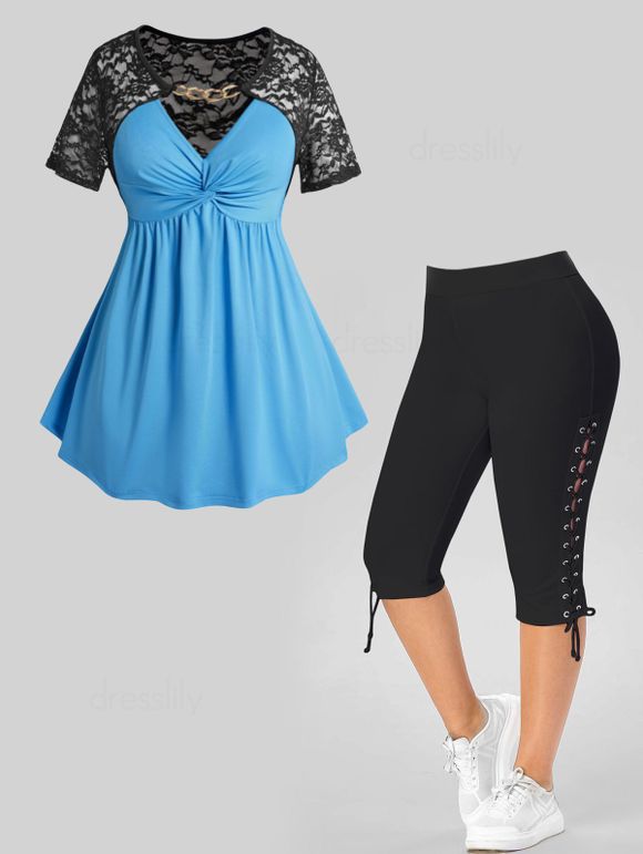 Plus Size Lace Panel Chain Embellishment Twisted V Notched T Shirt and Lace Up Cropped Leggings Casual Outfit - BLUE L