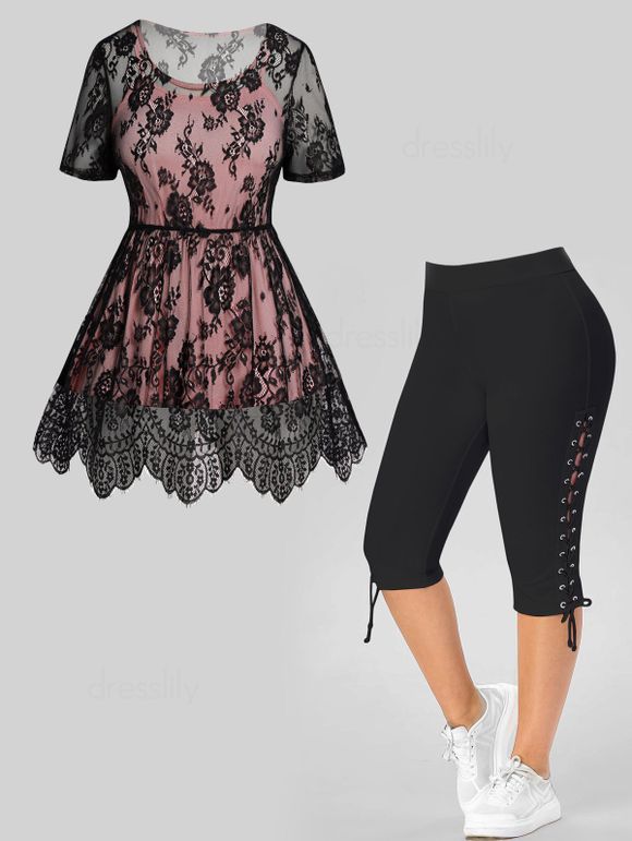 Plus Size Plain Cami Top Lace Scalloped T Shirt And Lace Up Eyelet Capri Leggings Casual Outfit - LIGHT PINK L