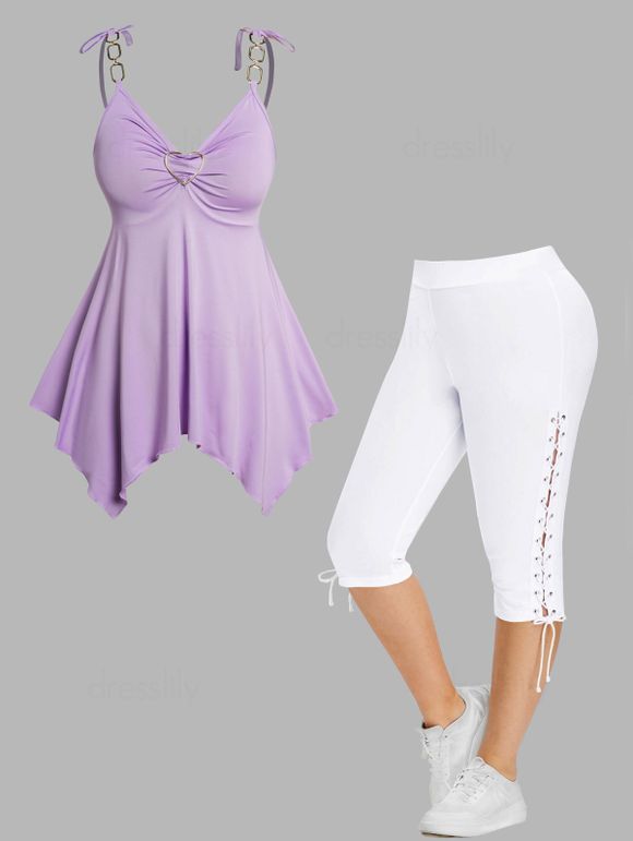Plus Size Pastel Color Heart-ring Tied Shoulder Asymmetrical Tank Top And Lace Up Eyelet Capri Leggings Casual Outfit - LIGHT PURPLE L