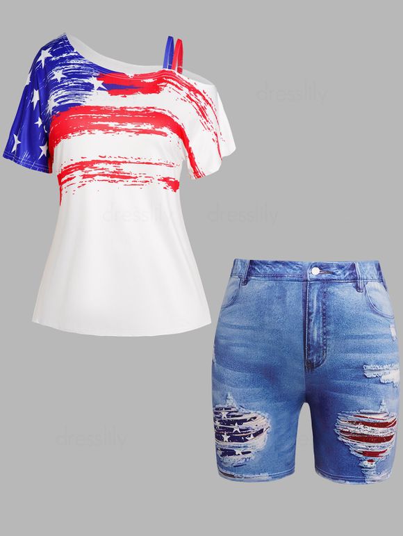 Plus Size Star Striped Print Skew Neck T Shirt And 3D Print Jeggings Shorts Patriotic Outfit - multicolor A L