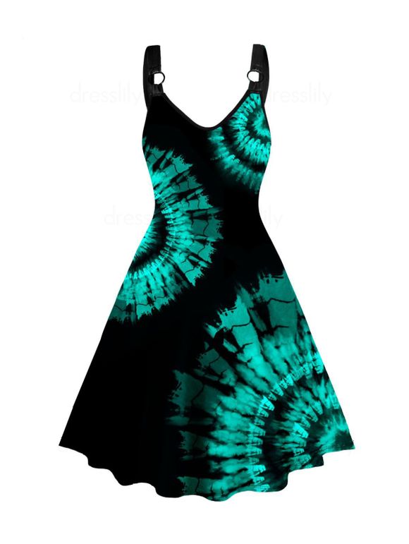 Plus Size Dress Tie Dye Swirl Print V Neck O-ring Strap A Line Midi Dress - GREEN 5X