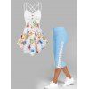 Ensemble de Débardeur Caraco à Imprimé Fleur à Bretelle Croisée Au Dos et Legging Capri à Lacets - multicolor S
