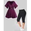 Plus Size Plunging Neck Surplice Belted Flutter Sleeve T Shirt and Lace Up Cropped Leggings Casual Outfit - CONCORD L