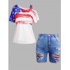 Plus Size Star Striped Print Skew Neck T Shirt And 3D Print Jeggings Shorts Patriotic Outfit - multicolor A L