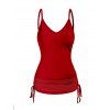 Plus Size Colorblock Top Rose Butterfly Skull Print Skew Neck T Shirt And Plain Cinched Ruched Long Tank Top Set - RED 5X