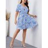 Plus Size Ethnic Allover Print Mini Dress Flutter Sleeve A Line Casual Dress - LIGHT BLUE 3XL