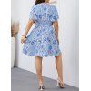 Plus Size Ethnic Allover Print Mini Dress Flutter Sleeve A Line Casual Dress - LIGHT BLUE 3XL