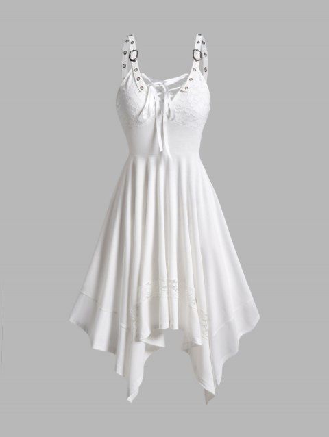 Asymmetrical Hem Dress Lace Panel Empire Waist Lace Up Grommet Adjustable Strap Midi Dress