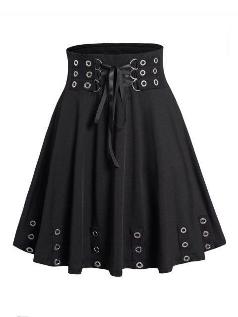 Gothic Skirt Grommet Lace Up Plain Color Elastic Waist A Line Mini Skirt