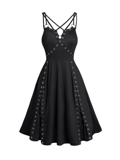 Gothic Dress Grommet Plain Color Empire Waist V Notched Crisscross A Line Mini Dress