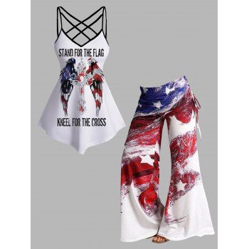 

Slogan American Flag Wing Cross Print Crisscross Asymmetric Camisole And Star Print Cinched Foldover Wide Leg Pants Patriotic Outfit, Multicolor