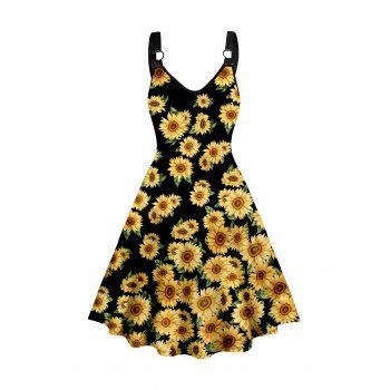 

Allover Sunflower Print Dress V Neck O-ring Strap Sleeveless A Line Midi Dress, Black