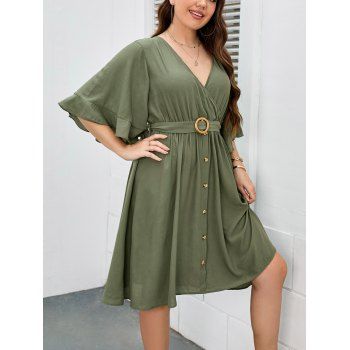 

Plus Size Belt O Ring Surplice Dress Mock Button Low Cut Back Flutter Sleeve Casual Dress, Light green