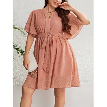 

Plus Size Plain Color Swiss Dot Belt Flare Sleeve Mini Dress, Light orange