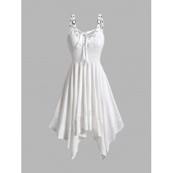 

Asymmetrical Hem Dress Lace Panel Empire Waist Lace Up Grommet Adjustable Strap Midi Dress, White