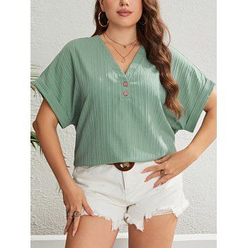 

Plus Size V Neck Raglan Sleeve Mock Button Casual Shirt, Light green