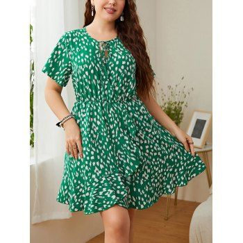 

Plus Size Allover Floral Print Tie Front Flounce Dress Flowy Casual Dress, Green