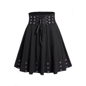 

Gothic Skirt Grommet Lace Up Plain Color Elastic Waist A Line Mini Skirt, Black