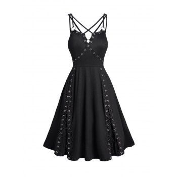 

Gothic Dress Grommet Plain Color Empire Waist V Notched Crisscross A Line Mini Dress, Black