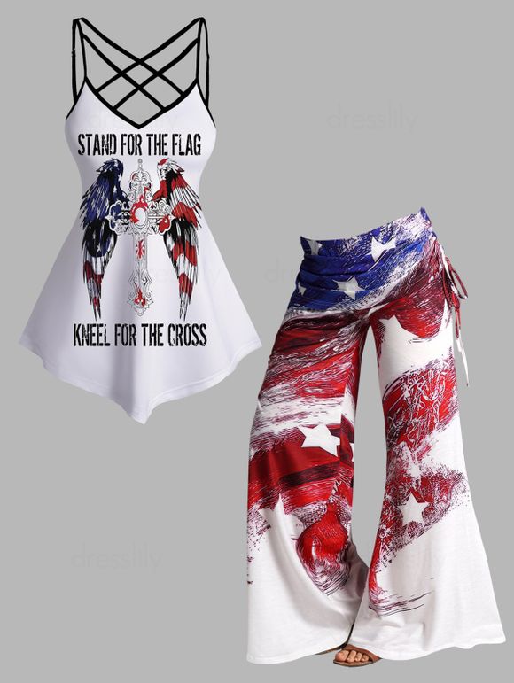 Slogan American Flag Wing Cross Print Crisscross Asymmetric Camisole And Star Print Cinched Foldover Wide Leg Pants Patriotic Outfit - multicolor S