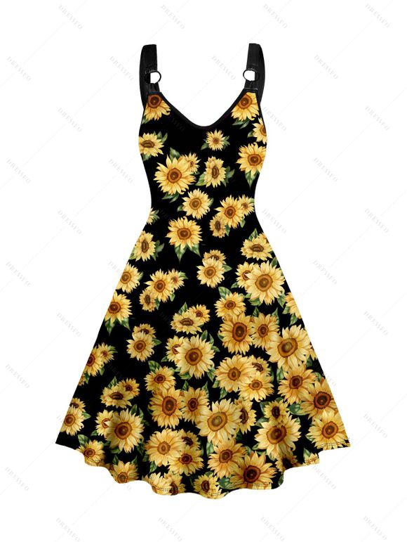 Allover Sunflower Print Dress V Neck O-ring Strap Sleeveless A Line Midi Dress - BLACK XXL