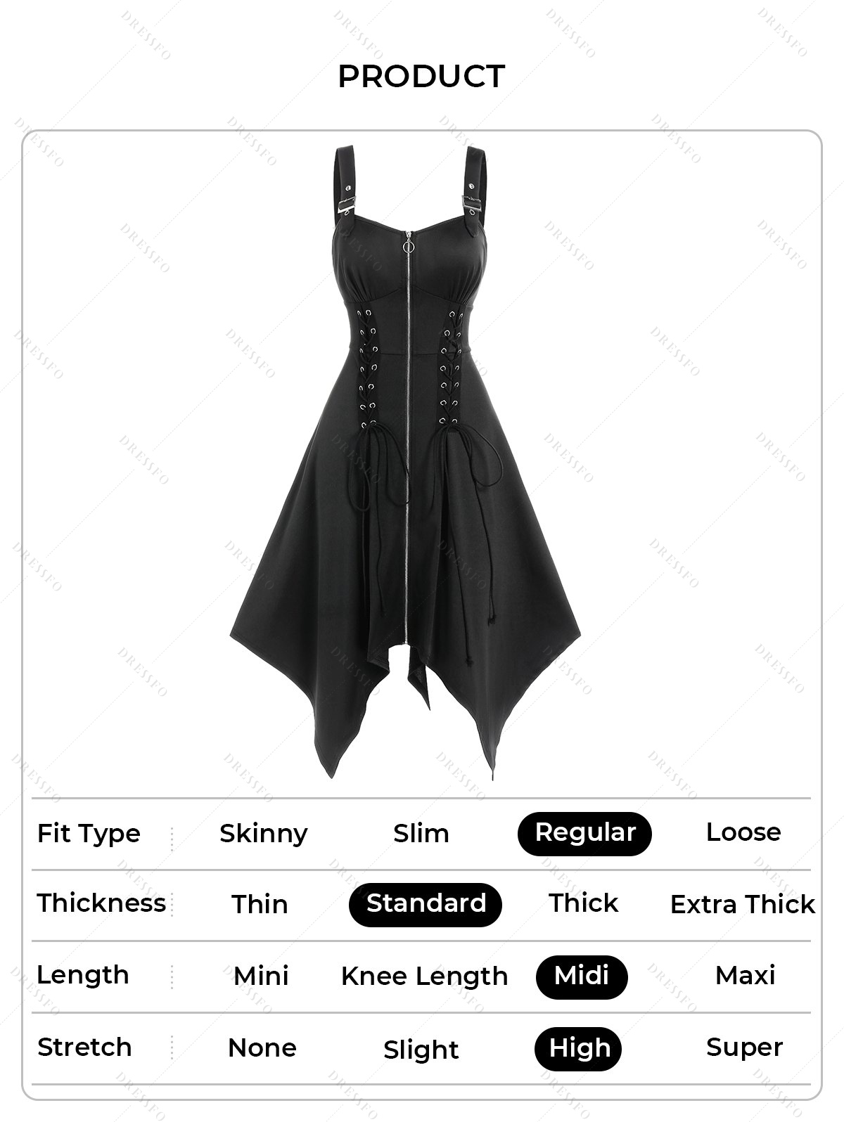 Robe Mouchoir Gothique Zippée en Avant à Bretelle Ajustable à Taille Empire avec Œillet - Noir S