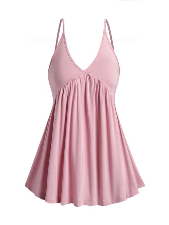 Débardeur Décontracté Plongeant à Bretelle Fine en Couleur Unie à Taille Empire - Rose clair M