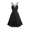 Gothic Dress Grommet Plain Color Empire Waist V Notched Crisscross A Line Mini Dress - BLACK L