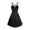 Gothic Dress Grommet Plain Color Empire Waist V Notched Crisscross A Line Mini Dress - BLACK L