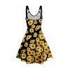 Allover Sunflower Print Dress V Neck O-ring Strap Sleeveless A Line Midi Dress - BLACK XXL