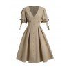Robe Vintage Mi-longue Plongeante Boutonnée à Noeud Papillon à Manches Courtes - café lumière M
