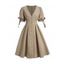Robe Vintage Mi-longue Plongeante Boutonnée à Noeud Papillon à Manches Courtes - café lumière M