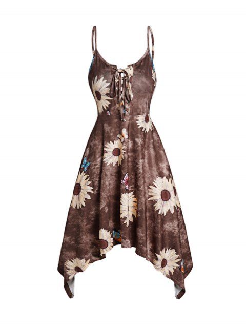 Sunflower Butterfly Print Dress Lace Up Spaghetti Strap Asymmetrical Hem High Waisted Midi Dress