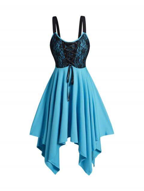 Plus Size Colorblock Lace Asymmetric Hem Lace Up Dress Sleeveless Dress