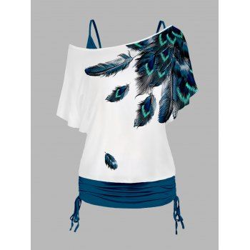 

Plus Size Peacock Feather Print Skew Neck T Shirt and Ruched Cinched Tank Top Twinset, Deep blue