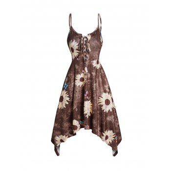 

Sunflower Butterfly Print Dress Lace Up Spaghetti Strap Asymmetrical Hem High Waisted Midi Dress, Coffee