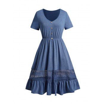 

Hollow Out Lace Panel Split Flounce Midi Dress Mock Button V Neck Short Sleeve Dress, Deep blue